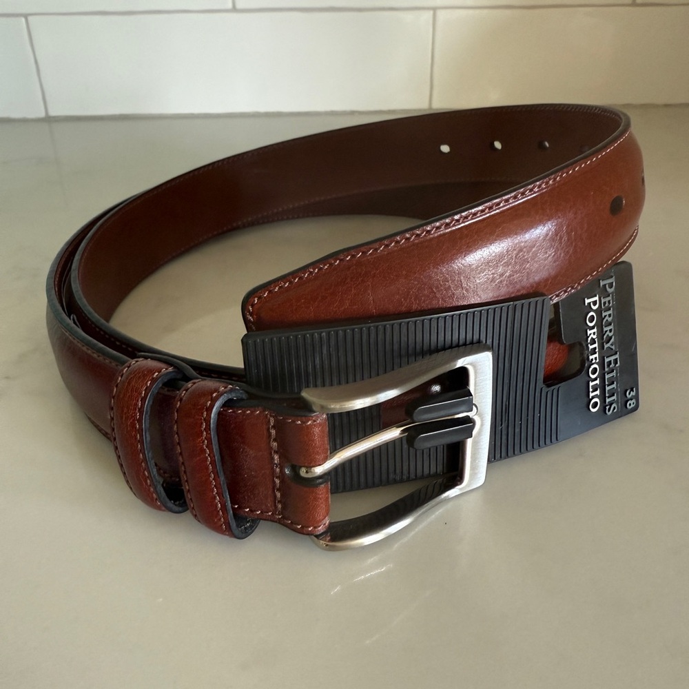 Perry Ellis Portfolio Full Grain Cowhide  Brown Men’s Leather Belt Size 38